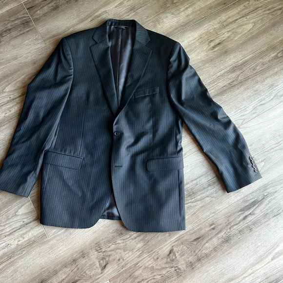 Black Saks Fifth Avenue charcoal gray wool pin strip 2 piece suit 44 R - Picture 3 of 16